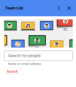 Captura de tela do complemento Teams List do Google Workspace