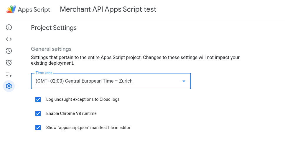 تنظیمات پروژه Apps Script که گزینه «نمایش فایل مانیفست appsscript.json در ویرایشگر» را نشان می‌دهد.