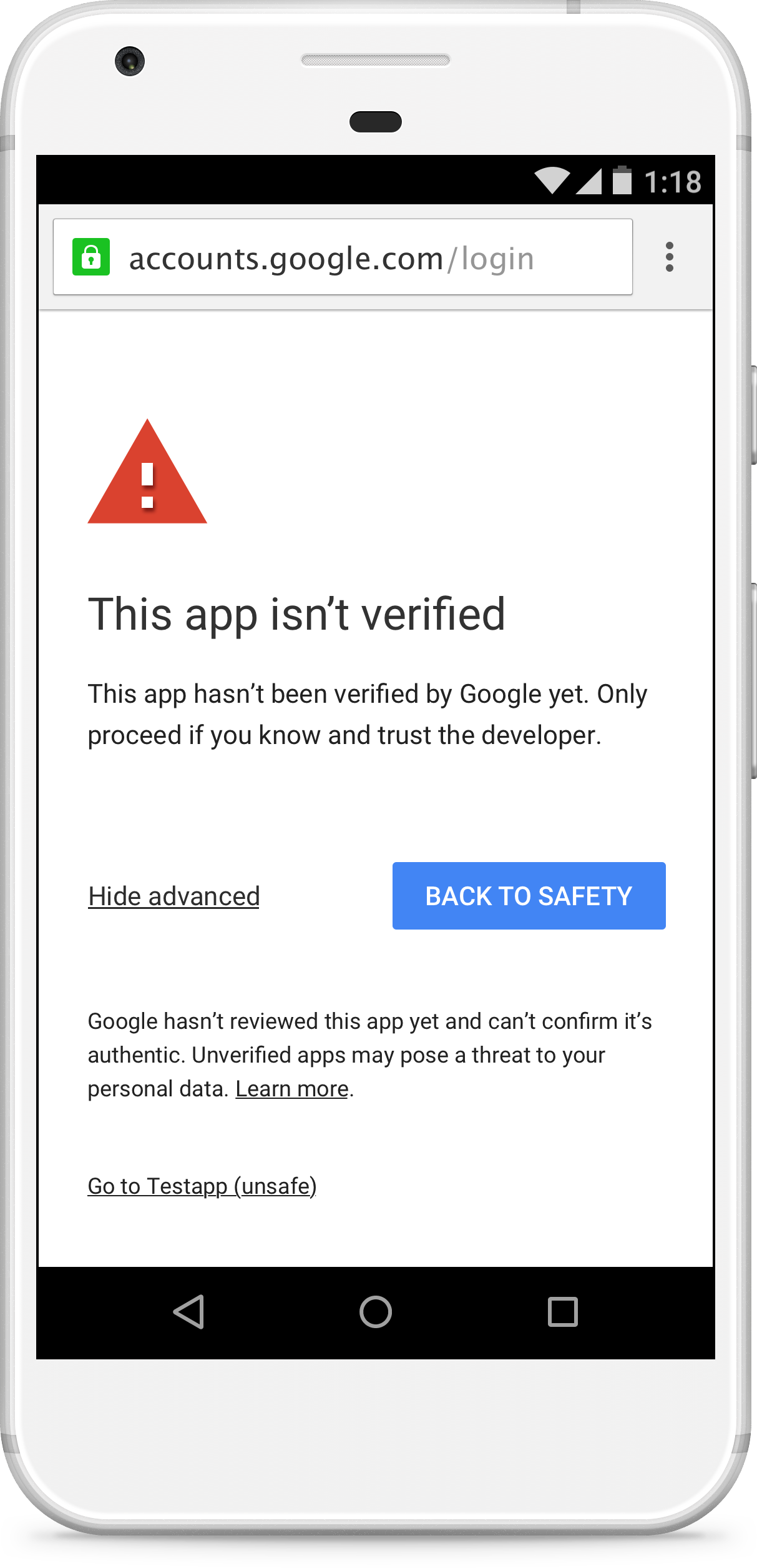 Écran d'avertissement d'application non validée.