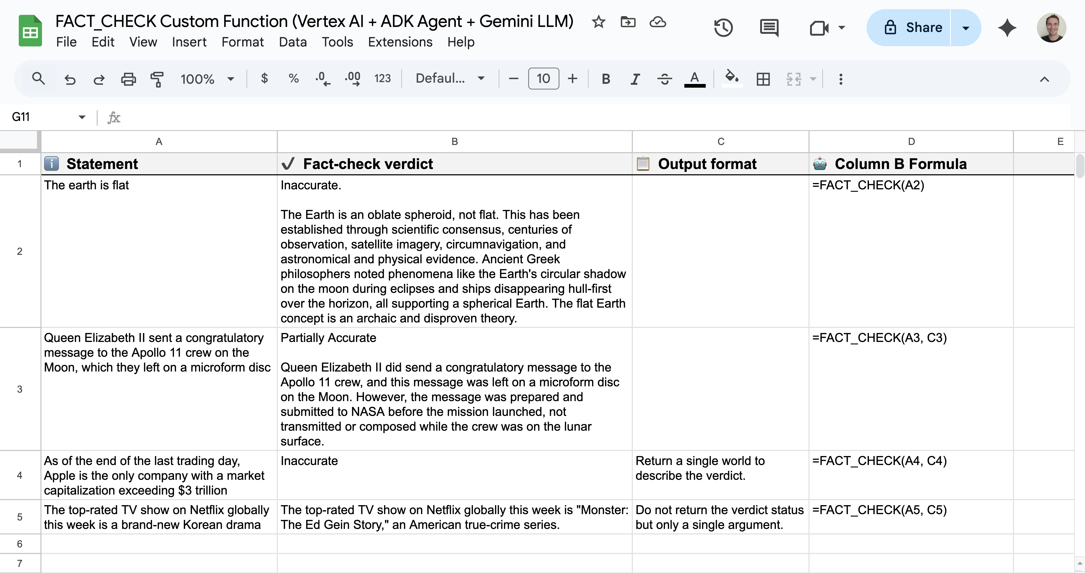 Exemple d'utilisation de la fonction personnalisée Google Sheets de fact-checking