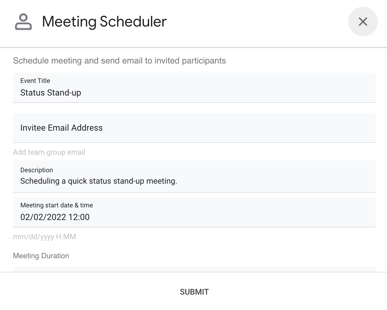 Dialog interface of the Meeting Scheduler Chat app