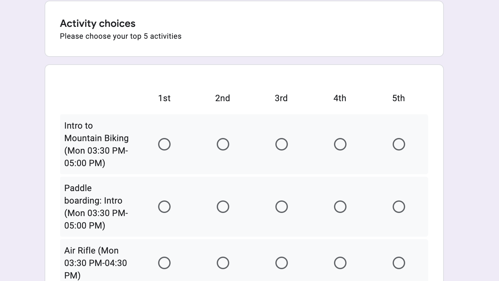 Screenshot des Anmeldeformulars für Aktivitäten