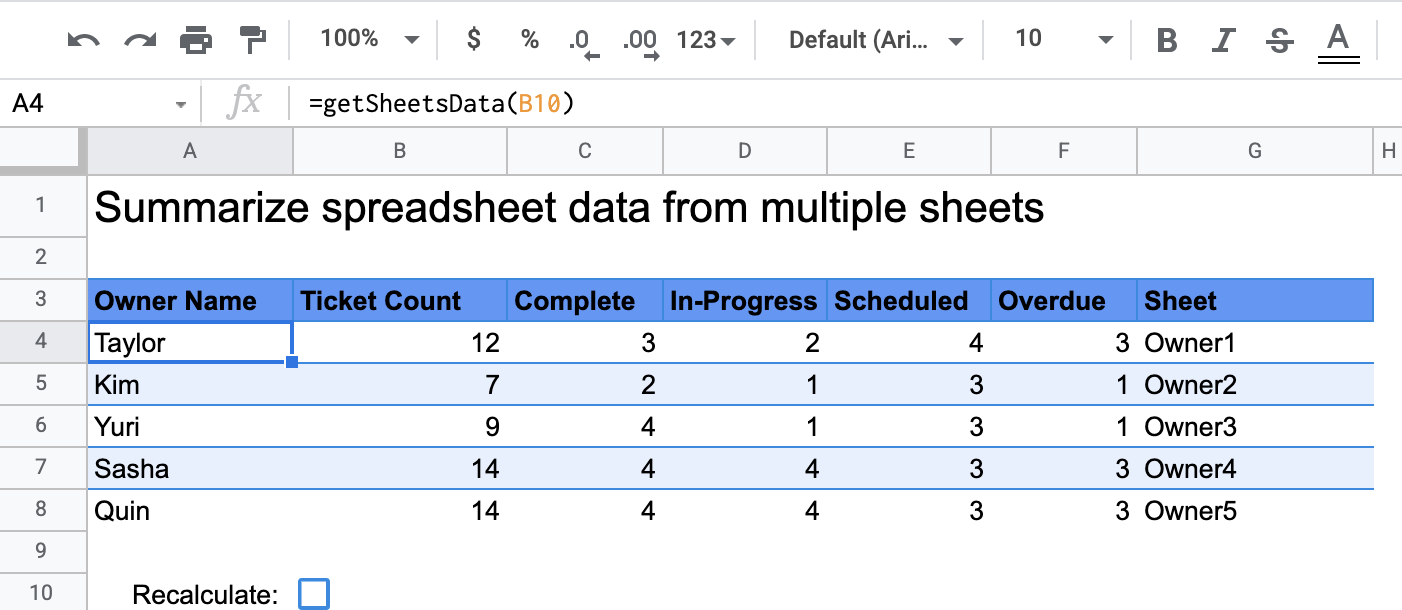 لقطة شاشة لمخرجات دالة getSheetsData