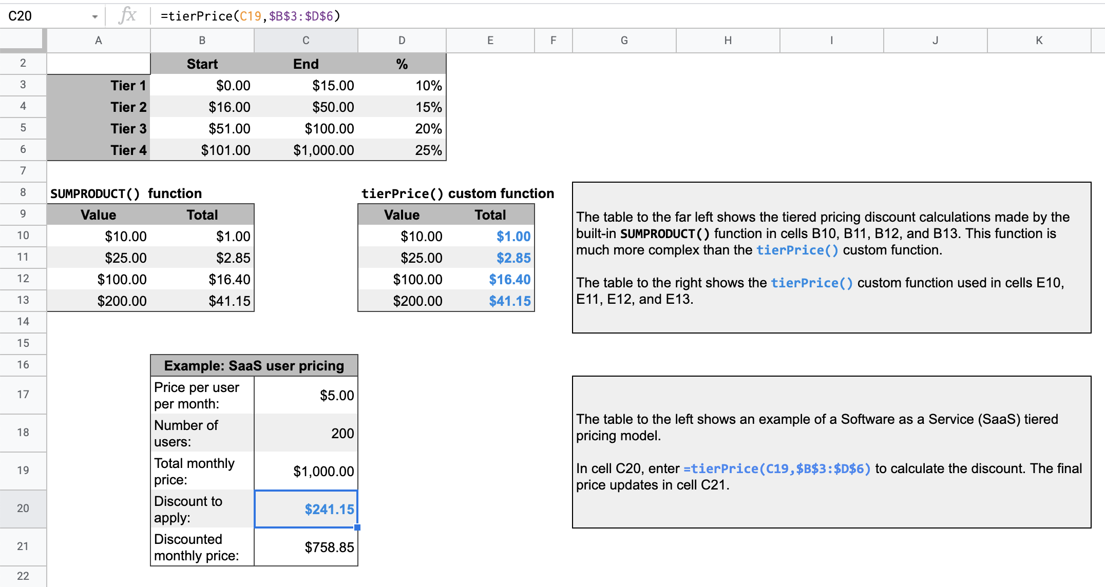 Screenshot of the tier pricing sample