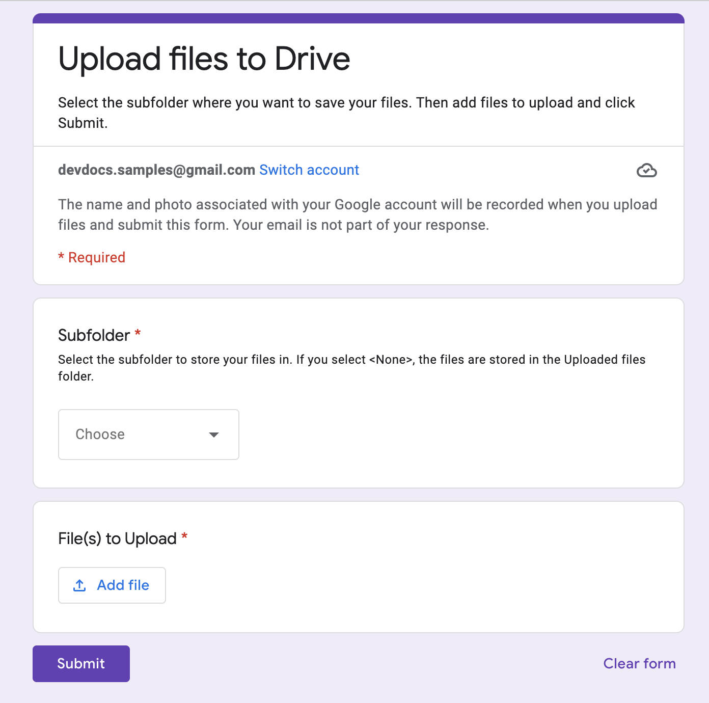 Screenshot formulir untuk mengupload file