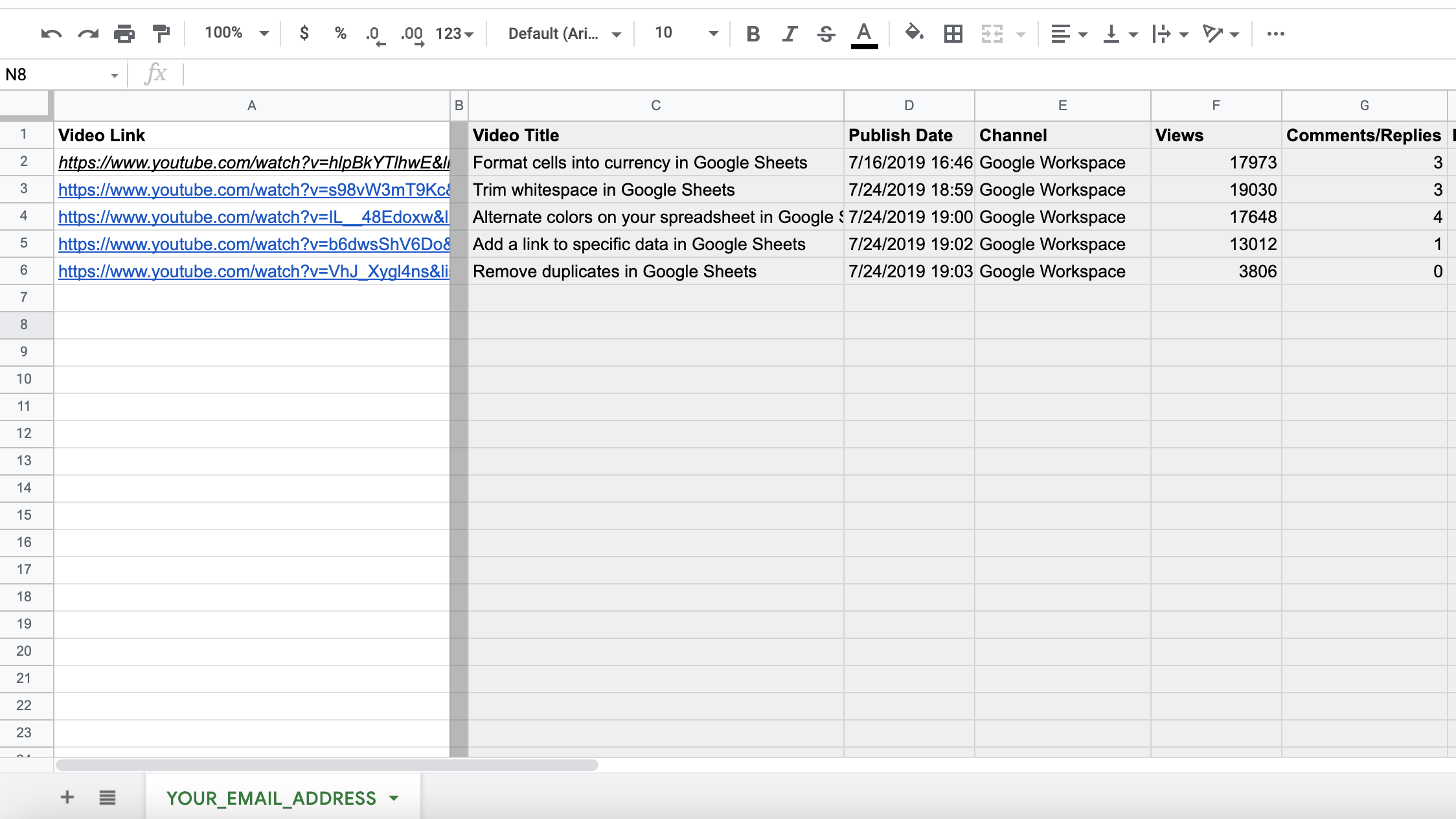 Capture d&#39;écran des données YouTube dans une feuille de calcul Google Sheets