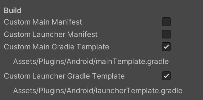 Capture d&#39;écran montrant le volet &quot;Build Settings&quot; (Paramètres de publication) et &quot;Build&quot; (Compiler) avec les deux options Gradle &quot;Template&quot; (Modèle Gradle) sélectionnées