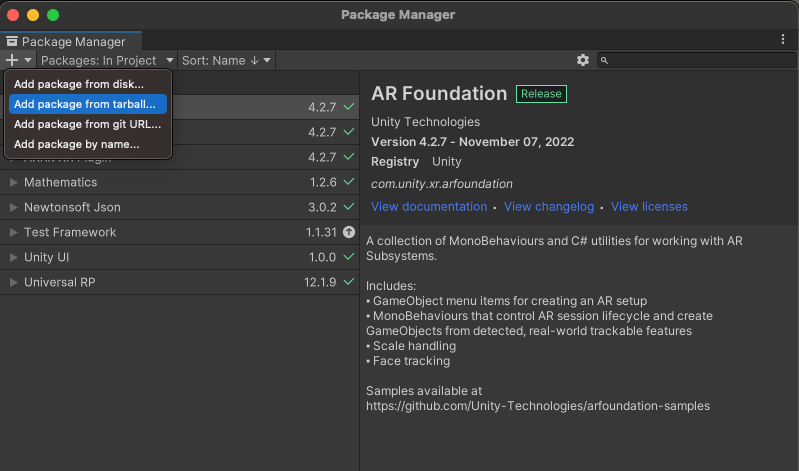 Menambahkan paket .tgz dengan Unity Package Manager