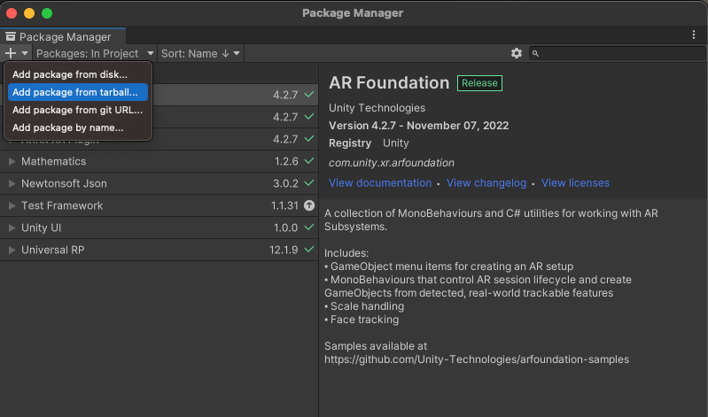 Adicionar um pacote .tgz com o Unity Package Manager