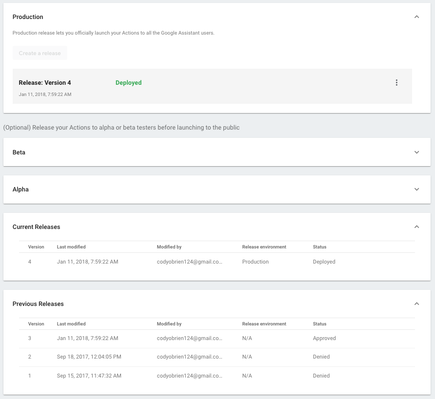 Capture d&#39;écran de la page de présentation des actions montrant les versions précédentes