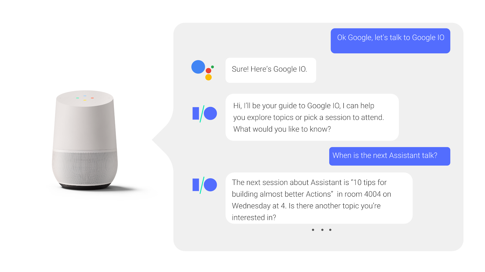 Trong cuộc trò chuyện qua lại với Trợ lý Google, người dùng đặt câu hỏi và nhận được câu trả lời khi một phiên hội nghị truyền hình đang diễn ra.