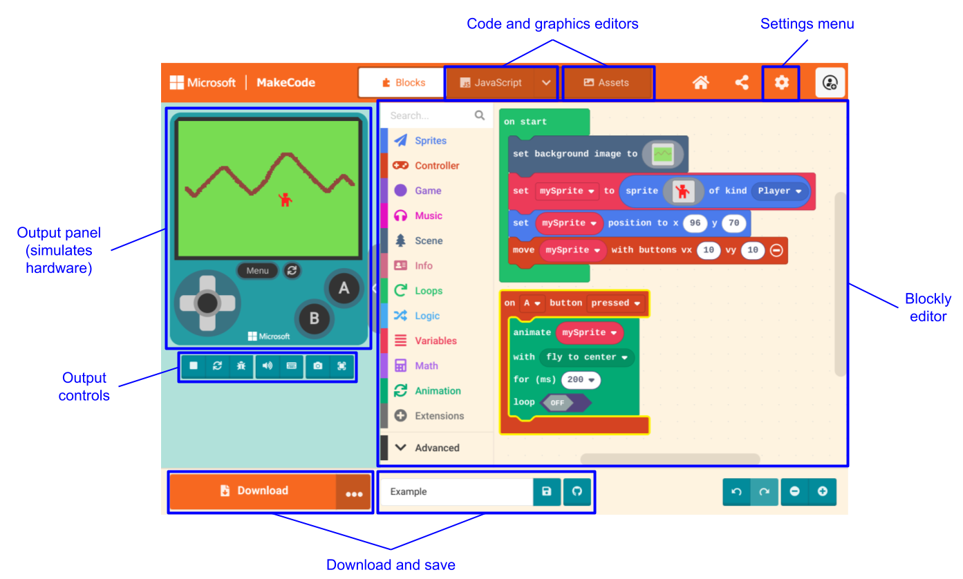 MakeCode Arcade 使用者介面。