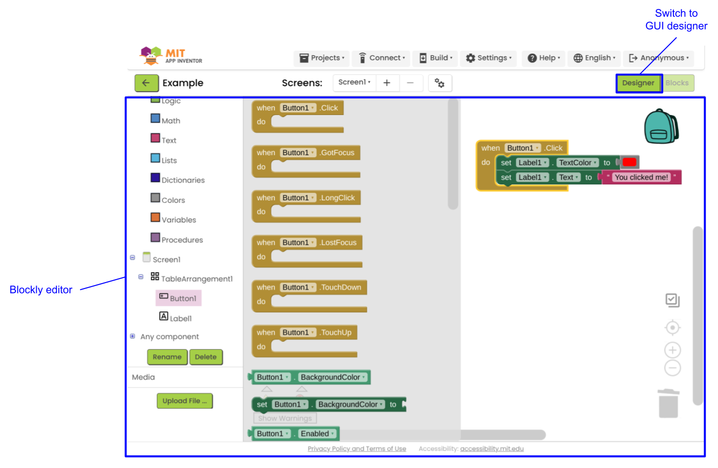 App Inventor के यूज़र इंटरफ़ेस में Blockly एडिटर