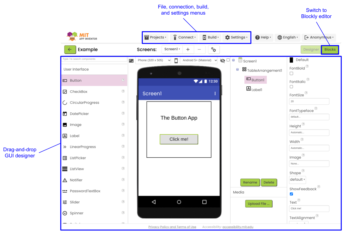 App Inventor 使用者介面中的 GUI 設計工具