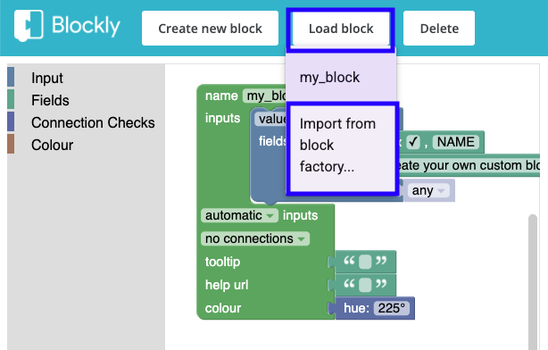 Captura de pantalla de la fábrica de bloques que muestra los botones &quot;Load block&quot; y &quot;Import&quot; destacados