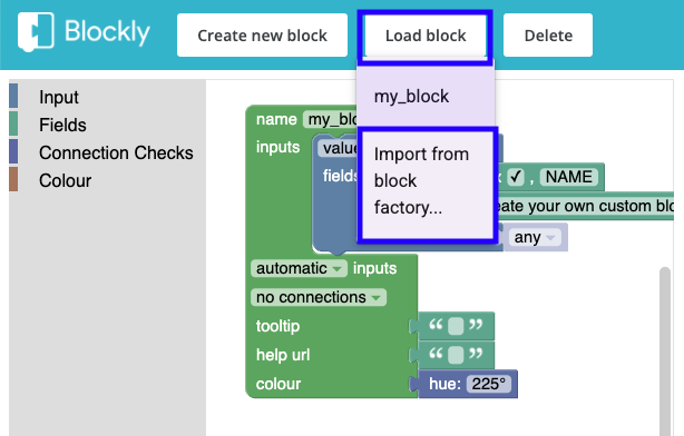 块工厂屏幕截图，其中突出显示了“Load block”和“Import”按钮