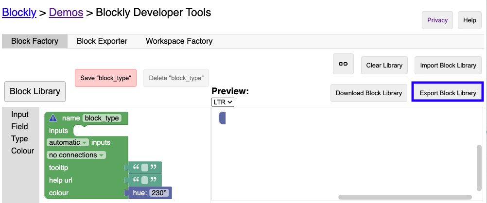 Screenshot Block Factory lama dengan
tombol &quot;Export Block Library&quot;
ditandai