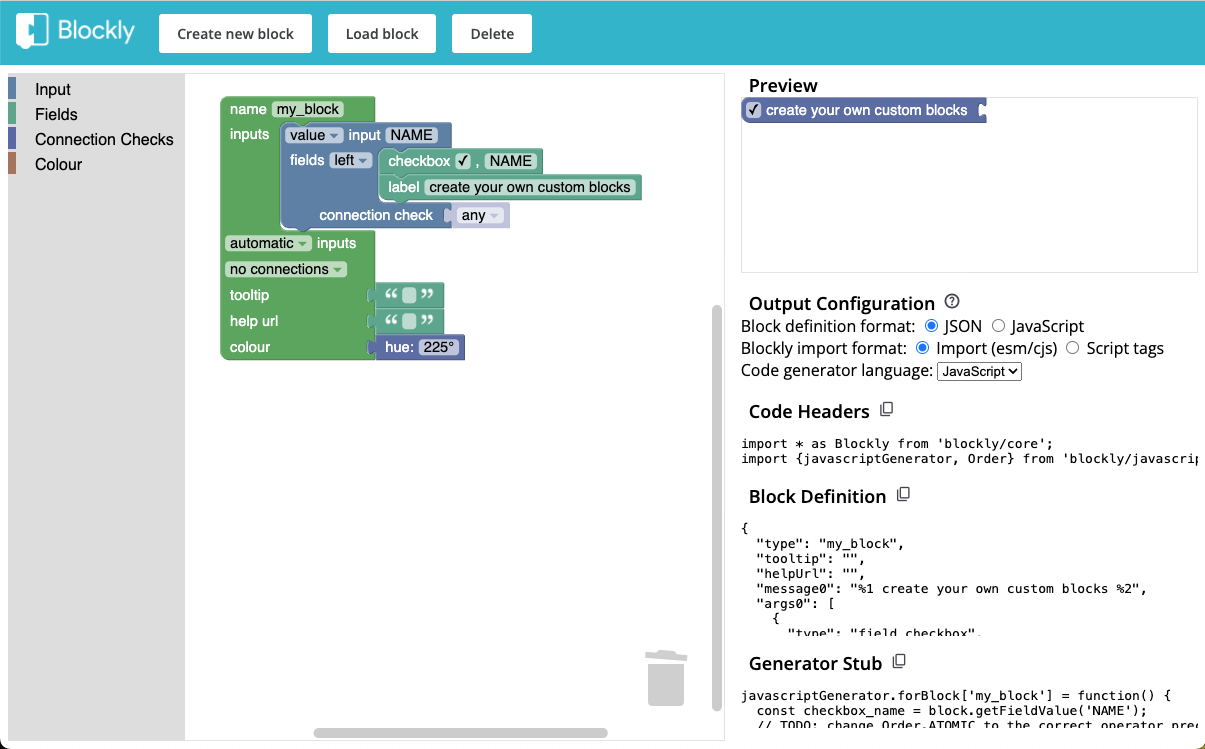 Screenshot der Block Factory mit der Toolbox und verschiedenen Ausgabebereichen