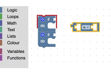 Eine Eingabeverbindung ist mit einem blauen Punkt gekennzeichnet. Wenn der Nutzer bei einer gültigen Verbindung auf i trifft, wird der Block zum markierten Verbindungspunkt bewegt.