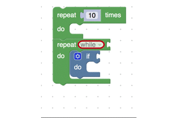 Wenn der Nutzer die Taste „S“ drückt, bewegt sich der Cursor durch die Eingaben und Felder des Blocks. Wenn ein Benutzer während einer Eingabe mit einem verbundenen Block die Taste d drückt, wird der Cursor als blinkende rote Linie über dem verbundenen Block angezeigt.