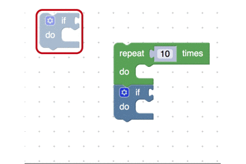 Cuando el usuario presiona s, el cursor se mueve a la siguiente pila de bloques. Cuando el usuario presiona d, el cursor aparece como una línea roja intermitente sobre el primer bloque de la pila seleccionada.