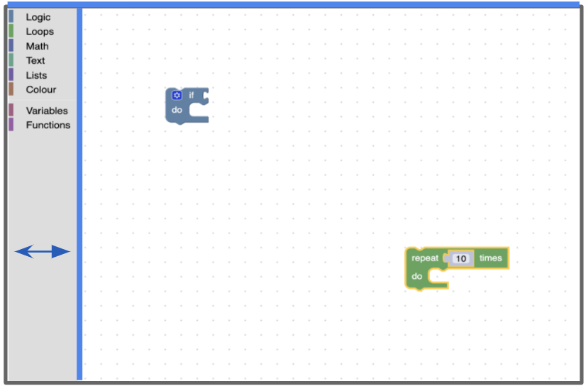 فضای کاری Blockly با یک خط آبی در سمت راست جعبه ابزار و بالای فضای کاری.