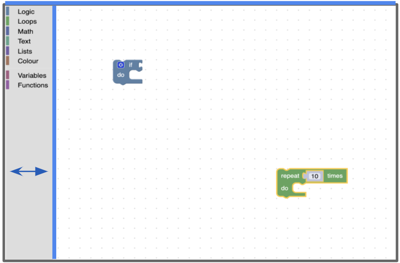 O espaço de trabalho do Blockly com uma linha azul à direita da caixa de ferramentas e acima do espaço de trabalho.