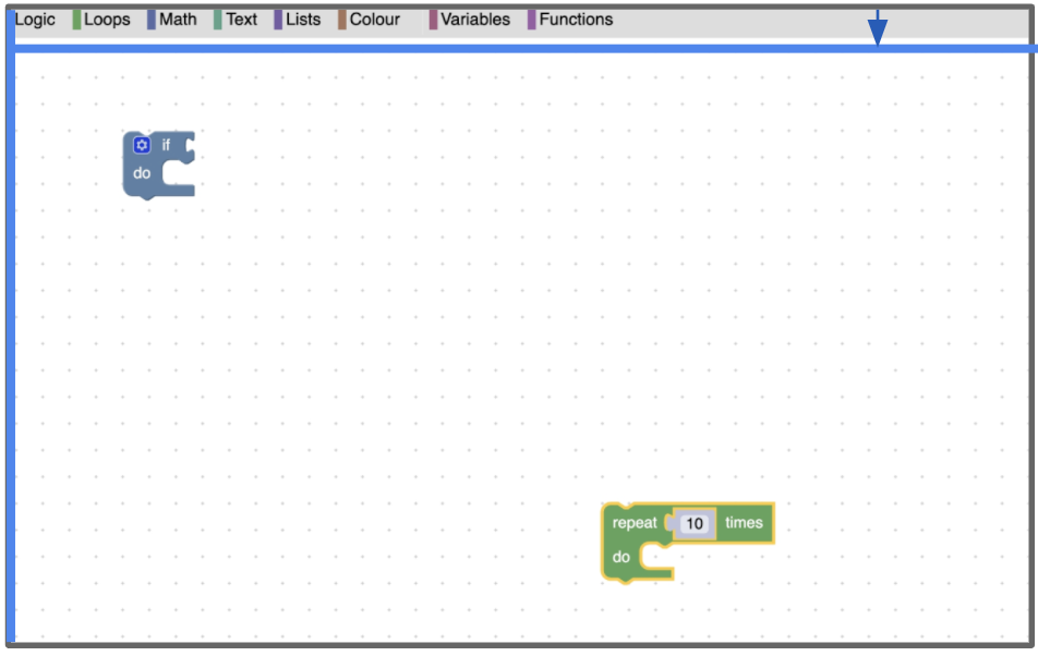 Espace de travail Blockly avec une boîte à outils horizontale. Il y a une ligne bleue à gauche de l’espace de travail et sous la boîte à outils.