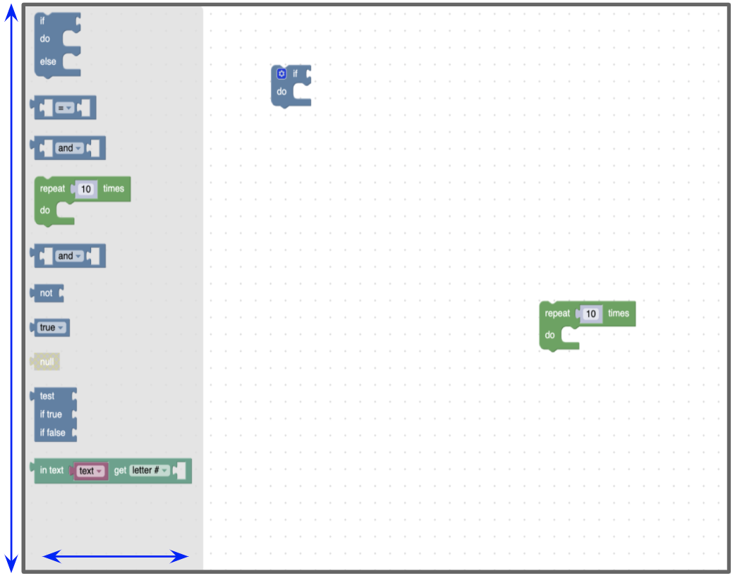 The Blockly workspace with arrows showing the width and height of the flyout.