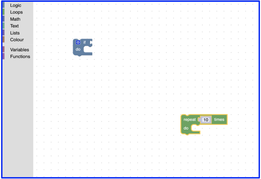 Ruang kerja Blockly dengan persegi panjang biru di sekelilingnya.