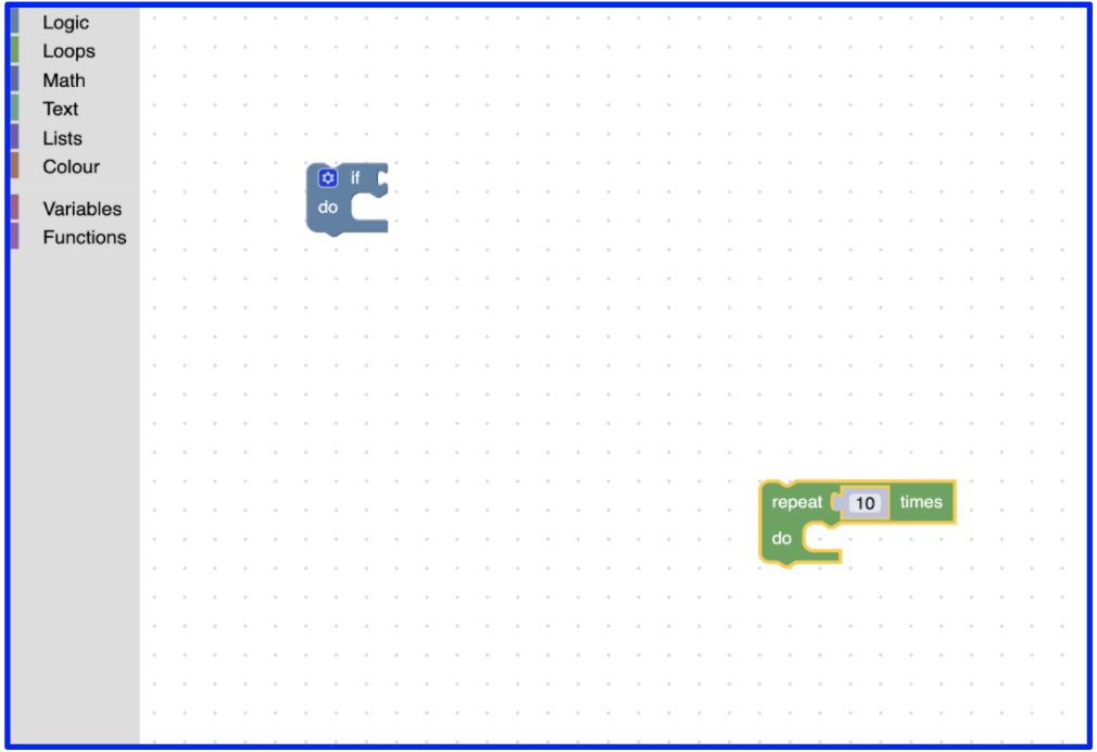 L&#39;area di lavoro di Blockly con un rettangolo blu intorno.
