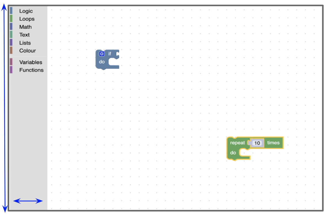 Ruang kerja Blockly dengan panah yang menunjukkan lebar dan tinggi toolbox.