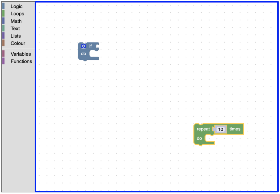 El lugar de trabajo de Blockly con un rectángulo azul alrededor del área que no incluye la caja de herramientas.