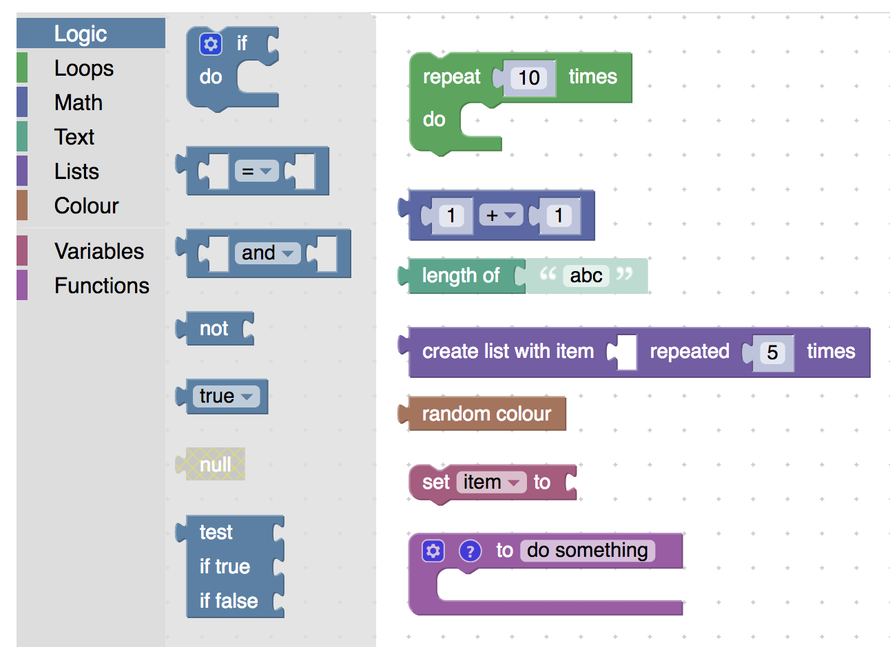 A screenshot of a workspace with an example of each block
colour.