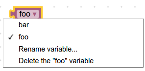 שדה משתנה עם תפריט נפתח לבחירת משתנה, לשינוי השם של המשתנה הנוכחי או למחיקת המשתנה הנוכחי.