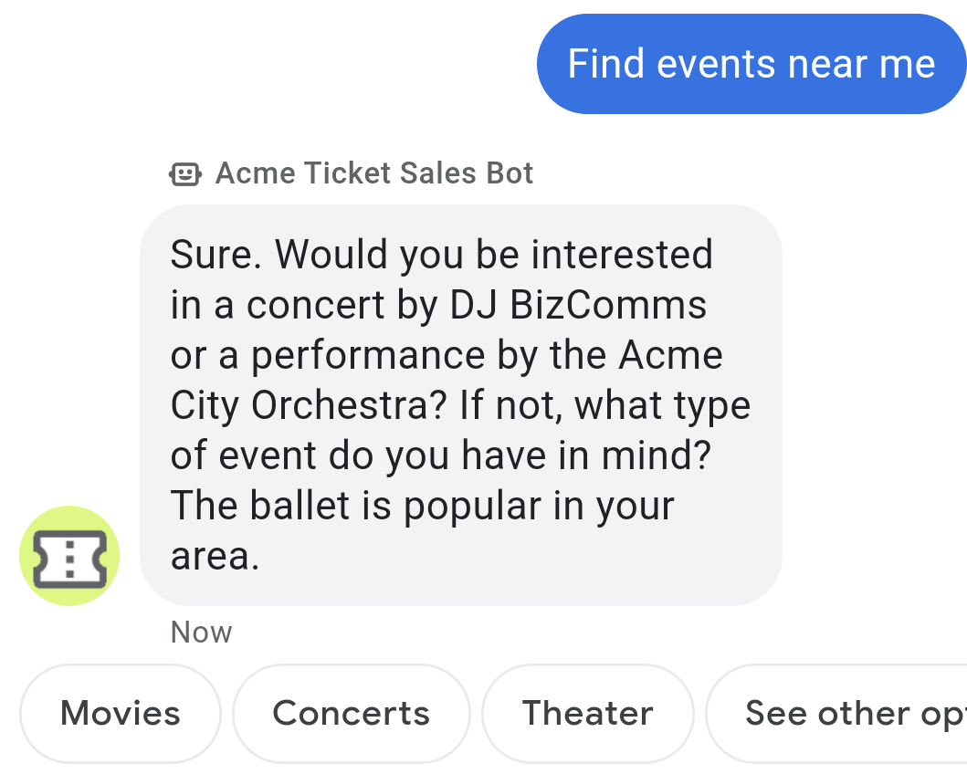 Mensaje extenso del agente de venta de entradas que le pregunta al usuario qué evento le interesa
