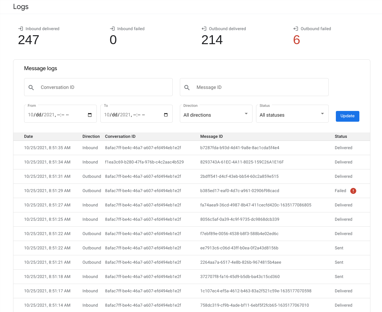 Debug log showing Delivered and Failed statuses