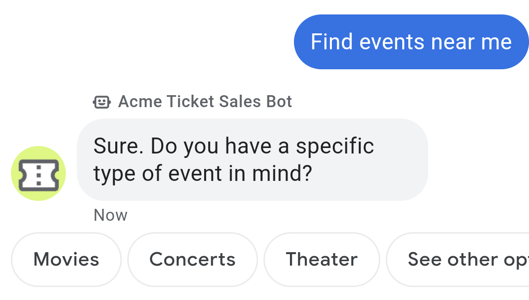 Mensaje conciso del agente de ventas de entradas que le pide al usuario que elija un evento
