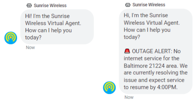 Mensaje de bienvenida de Sunset Wireless con una alerta de interrupción del servicio adicional