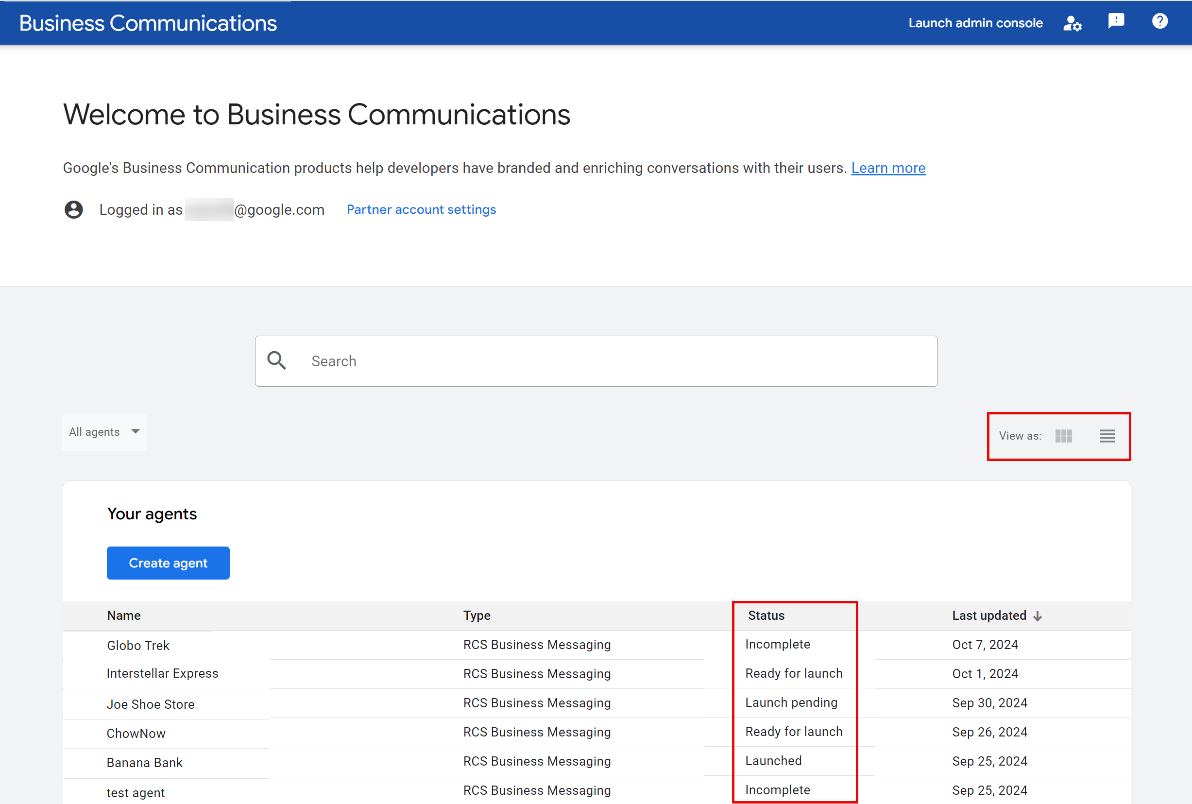 Visualizzazione dei riquadri della Developer Console di Business Communications