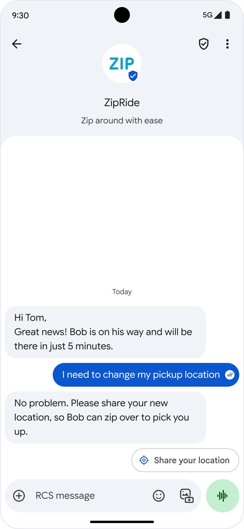 ผู้ใช้ส่งตำแหน่งไปยังตัวแทนใน Google Messages