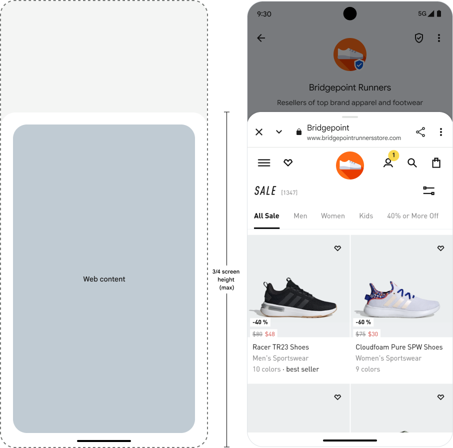 Web page displays on three-quarters of the screen