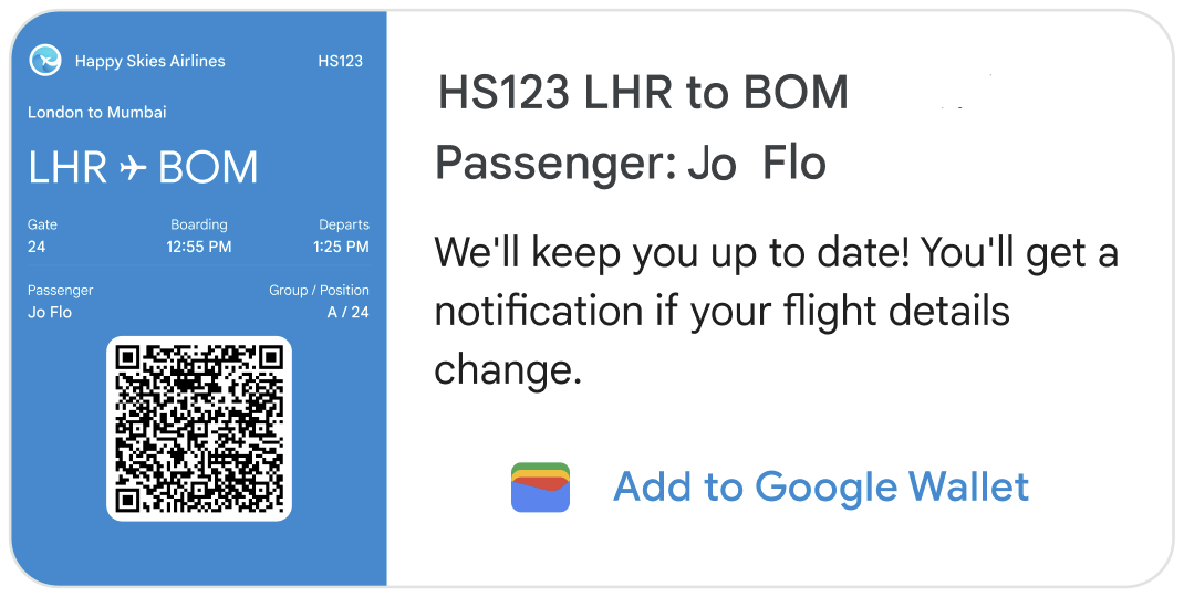 Rich card shows an image of the boarding pass with a QR code and flight details. Text on the card says: We'll keep you up to date! You'll get a notification if your flight details change. A suggestion on the card says Add to Google Wallet.