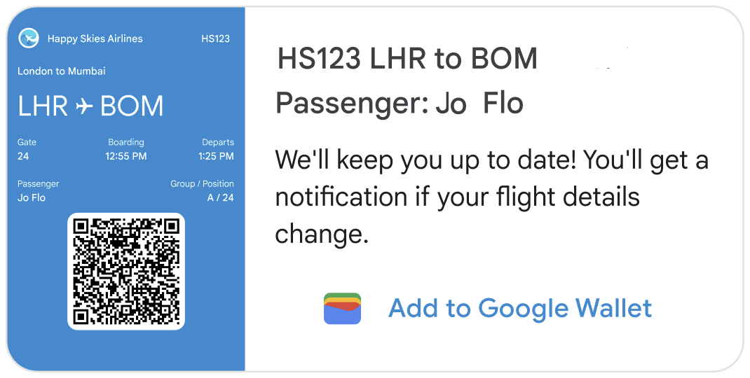 La tarjeta enriquecida muestra una imagen de la tarjeta de embarque con un código QR y detalles del vuelo. El texto de la tarjeta dice: Te mantendremos al tanto. Recibirás una notificación si cambian los detalles del vuelo. Una sugerencia en la tarjeta dice &quot;Agregar a la Billetera de Google&quot;