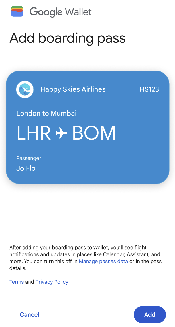 월렛 앱에 단순화된 탑승권과 추가 버튼이 표시됩니다.