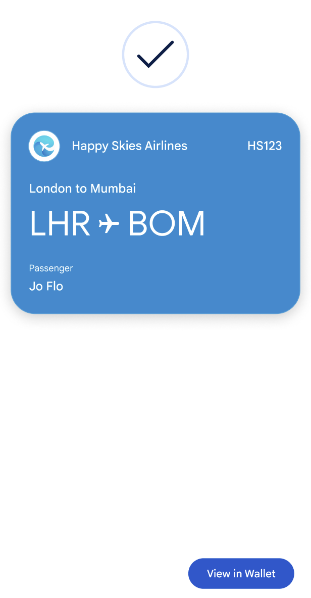 La marca de verificación se muestra encima del pase. Se mostrará el botón Ver en la Billetera de Google.