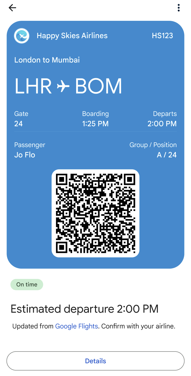 Boarding pass dengan semua detail penerbangan dan kode QR