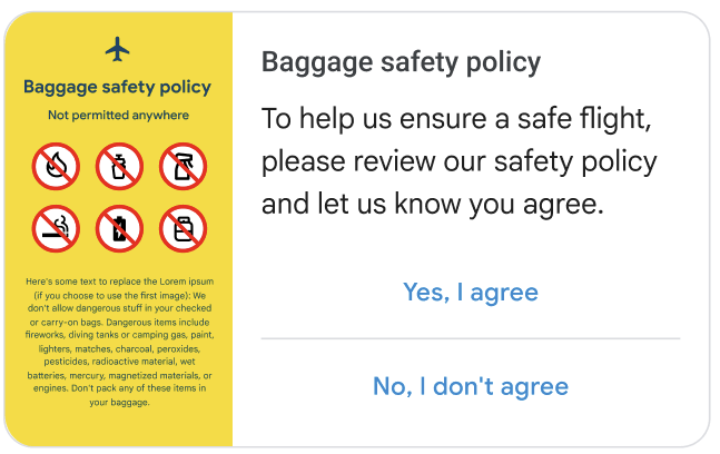 Rich card with infographic of the safety policy and suggestions to agree or disagree. Text on the card says: To help us ensure a safe flight, review our safety policy and let us know you agree.