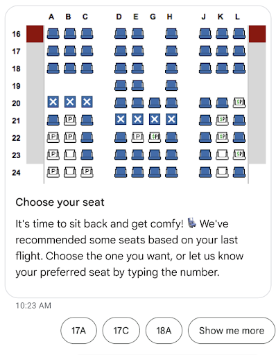 包含座椅地图信息图的复合信息卡。卡片上的文字说：该坐着舒服了！我们已根据您的上一趟航班推荐了一些座位。请选择座位，或者输入数字以告知我们您的首选座位。卡片下方的建议会显示一些座位选项