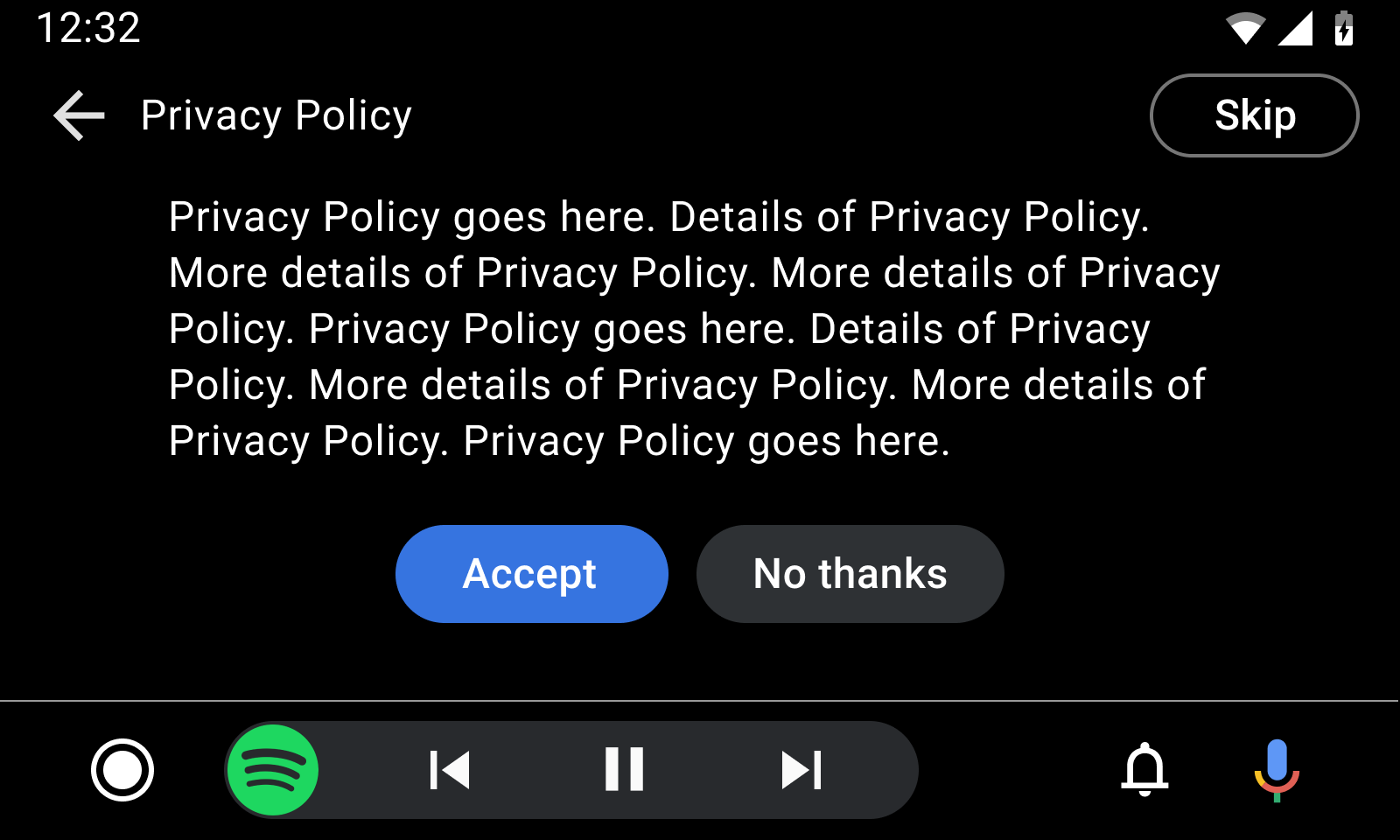 Simulación de una plantilla de mensaje largo con un ejemplo de política de privacidad